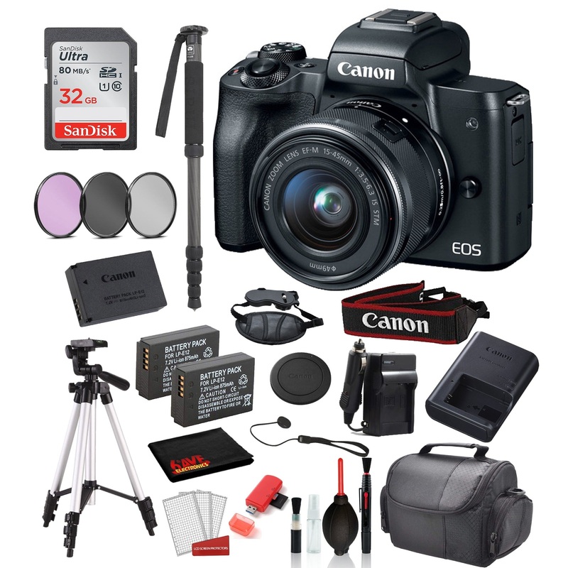 Canon EOS M50 Mirrorless Digital Camera with 15-45mm Lens (Black)  Bundle + SanDisk 32gb SD + 57+ Tripod + MORE