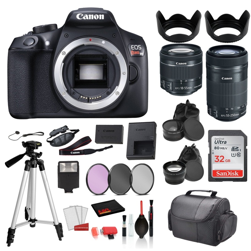 Canon EOS Rebel T6 Digital SLR Camera with 18-55mm Lens and EF-S 55-250mm Lens    SanDisk 32gb SD + 3PC Filter Kit + MORE