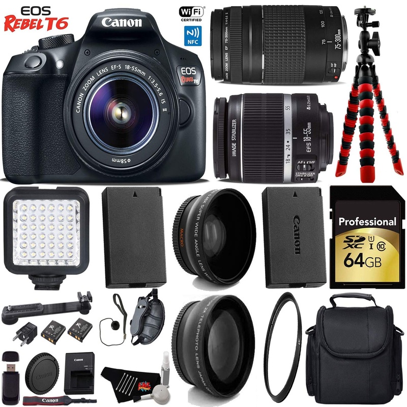Canon EOS Rebel T6 DSLR Camera 18-55mm is II Lens & 75-300mm III Lens + LED + UV FLD CPL Filter Kit Pro Bundle