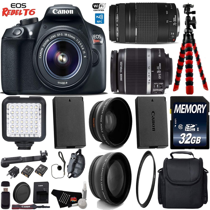 Canon EOS Rebel T6 DSLR Camera 18-55mm is II Lens & 75-300mm III Lens + LED + UV FLD CPL Filter Kit Starter Bundle
