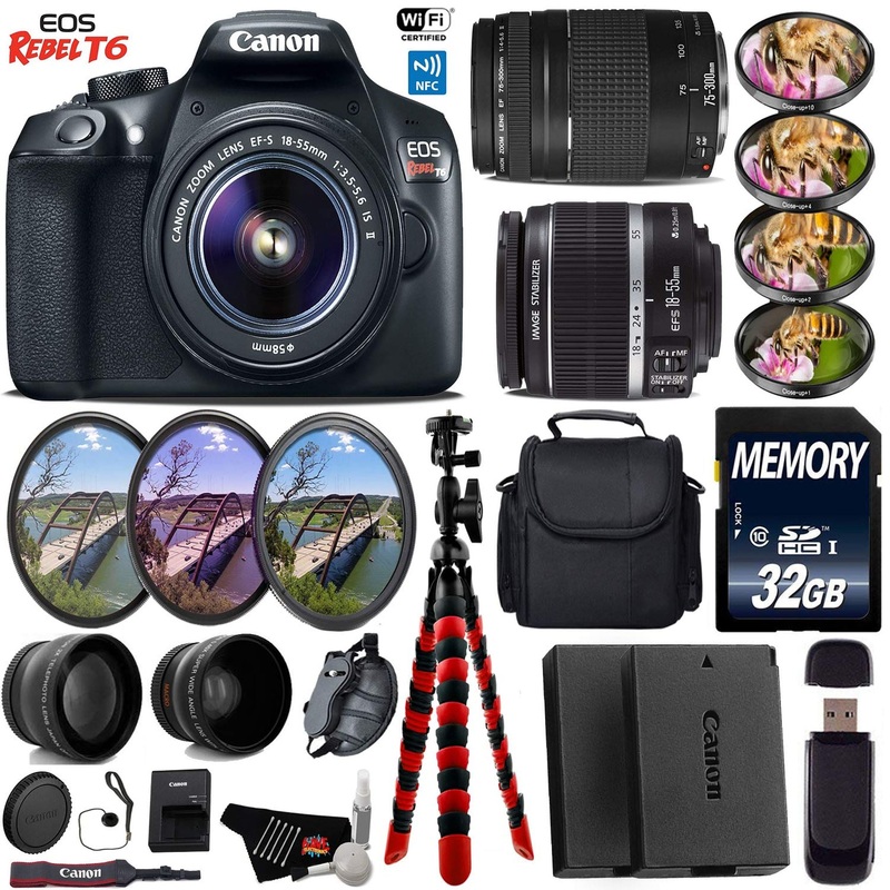 Canon EOS Rebel T6 DSLR Camera 18-55mm is II Lens & 75-300mm III Lens + UV FLD CPL Filter Kit + 4 PC Macro Kit + Wide An