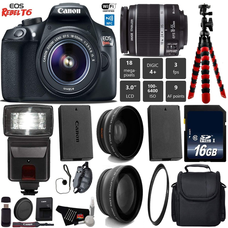 Canon EOS Rebel T6 DSLR Camera 18-55mm is II Lens + Flash + UV FLD CPL Filter Kit + Wide Angle & Telephoto Lens + Camera Base Bundle