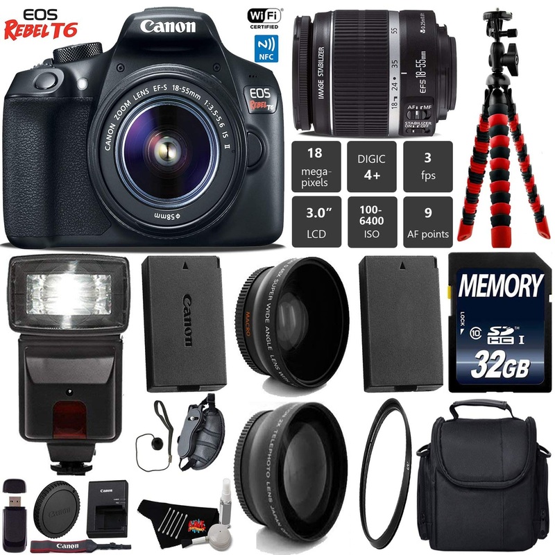 Canon EOS Rebel T6 DSLR Camera 18-55mm is II Lens + Flash + UV FLD CPL Filter Kit + Wide Angle & Telephoto Lens + Camera Starter Bundle