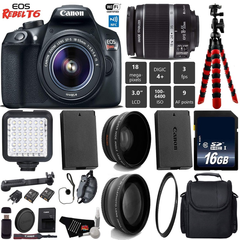 Canon EOS Rebel T6 DSLR Camera 18-55mm is II Lens + LED + UV FLD CPL Filter Kit + Wide Angle & Telephoto Lens + Camera C