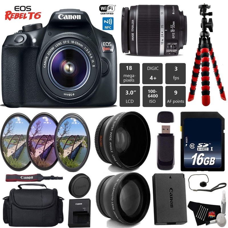 Canon EOS Rebel T6 DSLR Camera 18-55mm is II Lens + UV FLD CPL Filter Kit + Wide Angle & Telephoto Lens + Camera Case Base Bundle