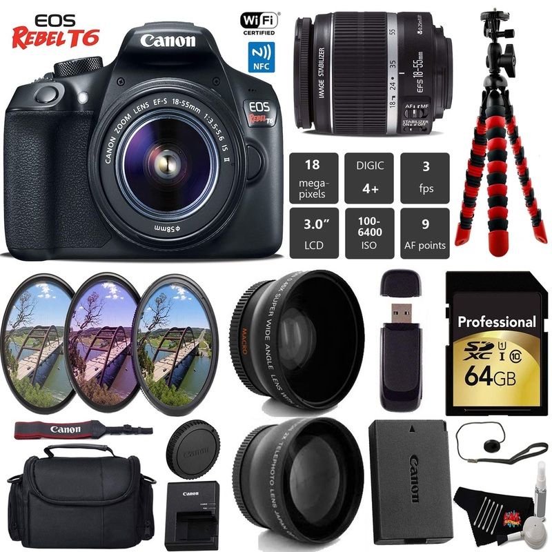 Canon EOS Rebel T6 DSLR Camera 18-55mm is II Lens + UV FLD CPL Filter Kit + Wide Angle & Telephoto Lens + Camera Case Pro Bundle