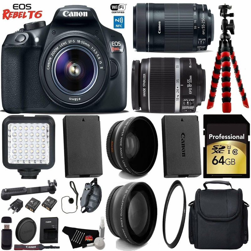 Canon EOS Rebel T6 DSLR Camera 18-55mm is Lens & 55-250mm is STM Lens + LED + UV FLD CPL Filter Kit + Wide Angle & Telep