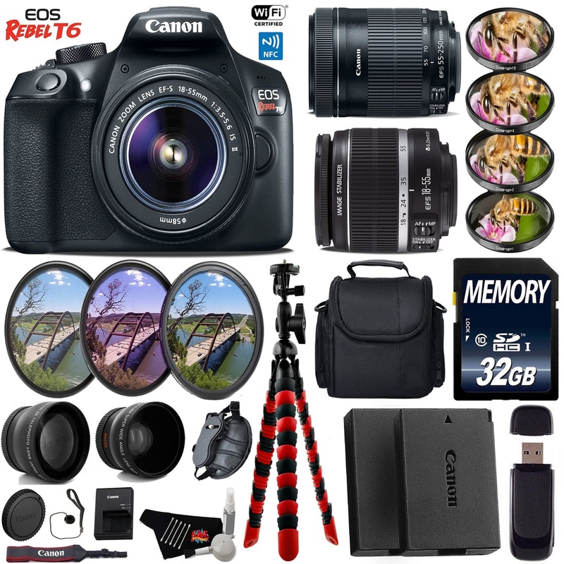 Canon EOS Rebel T6 DSLR Camera + 18-55mm is Lens & 55-250mm is STM Lens + UV FLD CPL Filter Kit + 4 PC Macro Kit Starter Bundle