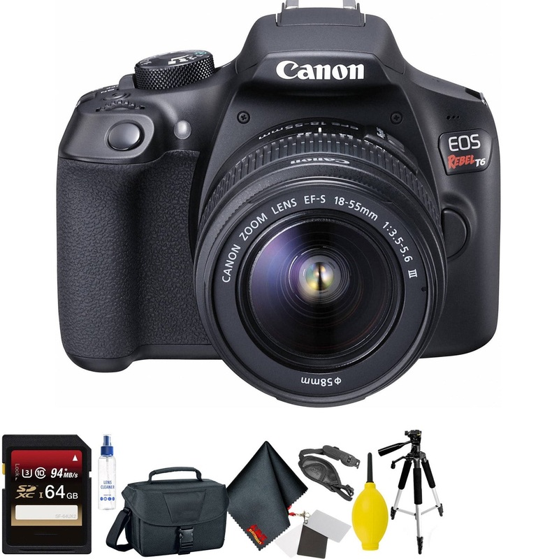 Canon EOS Rebel T6 DSLR Camera with 18-55mm and 75-300mm Lenses Kit + 64GB Memory Card + Mega Accessory Kit + 1 Year Warranty Bundle