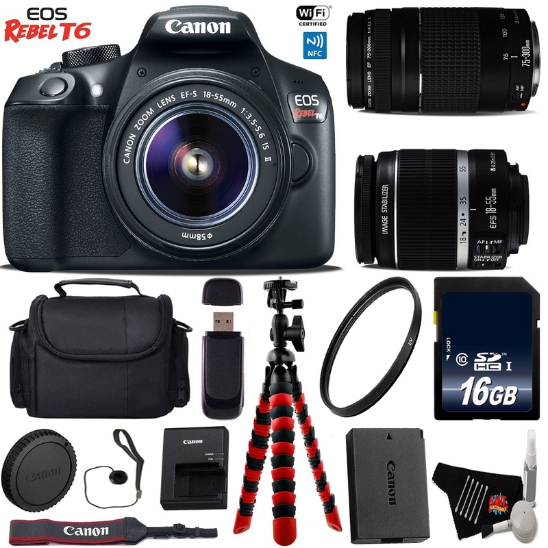 Canon EOS Rebel T6 DSLR Camera with 18-55mm is II Lens & 75-300mm III Lens + Flexible Tripod + UV Protection Filter Base Bundle