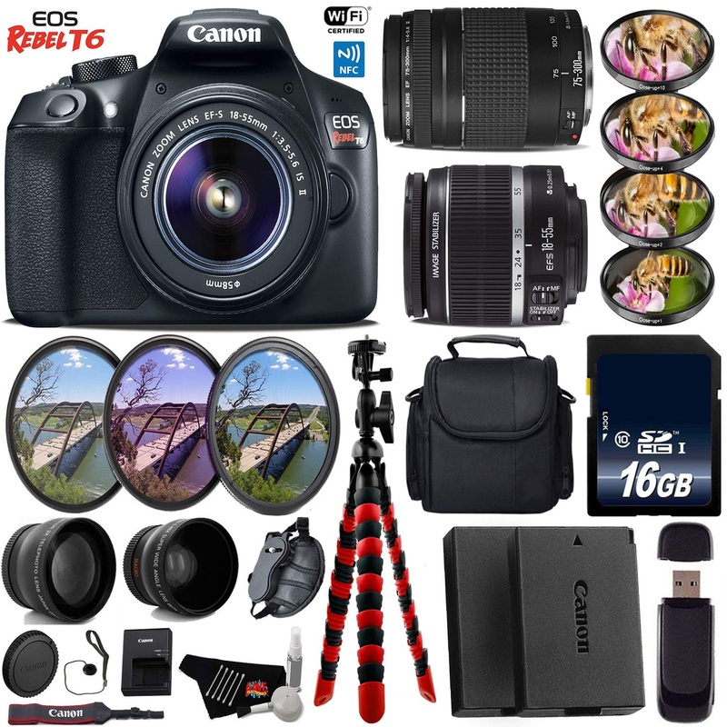 Canon EOS Rebel T6 DSLR Camera with 18-55mm is II Lens & 75-300mm III Lens + UV FLD CPL Filter Kit + 4 PC Macro Kit Base Bundle