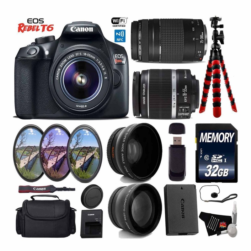 Canon EOS Rebel T6 DSLR Camera with 18-55mm is II Lens & 75-300mm III Lens + UV FLD CPL Filter Kit Starter Bundle