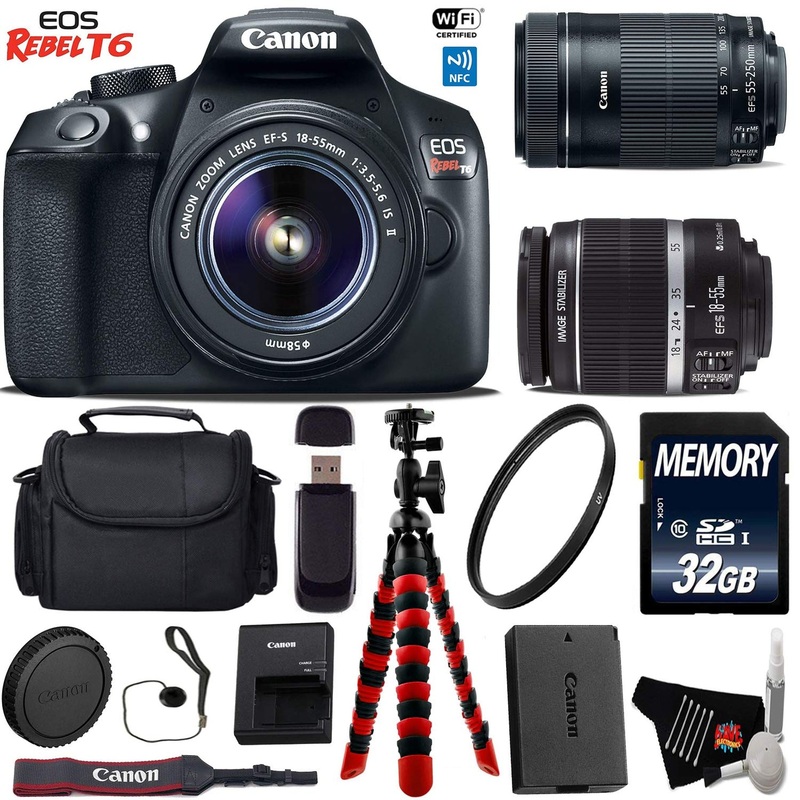 Canon EOS Rebel T6 DSLR Camera with 18-55mm is Lens & 55-250mm is STM Lens + Flexible Tripod + UV Protection Filter Starter Bundle