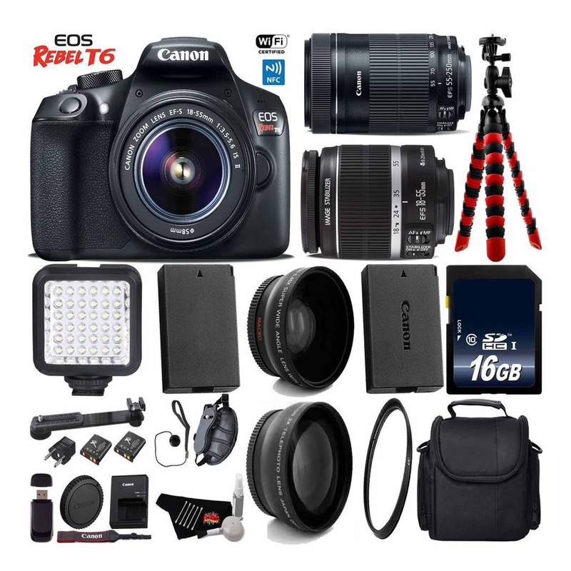 Canon EOS Rebel T6 DSLR Camera with 18-55mm is Lens & 55-250mm is STM Lens + LED + UV FLD CPL Filter Kit Base Bundle