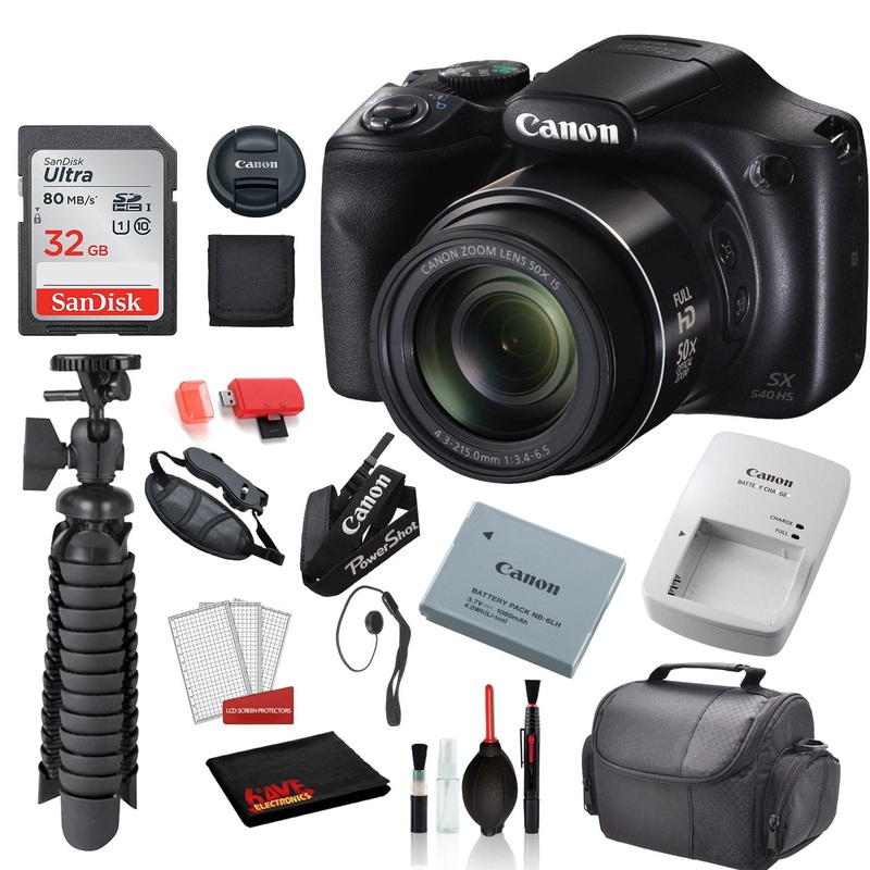 Canon PowerShot SX540 HS Digital Camera  with  SanDisk 32gb SD card + Deluxe Cleaning Kit + 12 Tripod + MORE