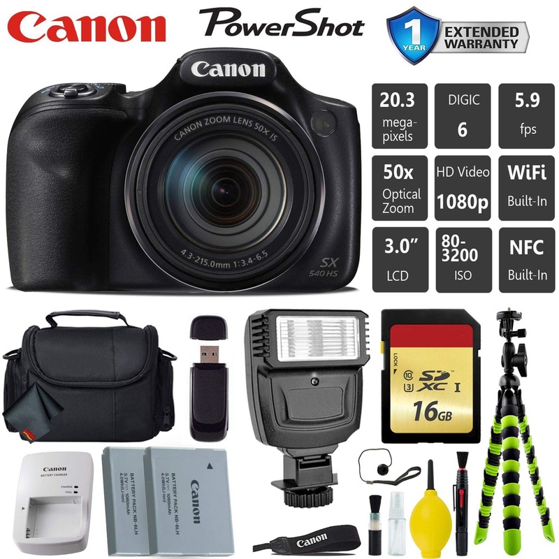 Canon PowerShot SX540 HS Digital Point and Shoot 20MP Camera + Extra Battery + Digital Flash + Camera Case + 16GB Class Card Base Bundle