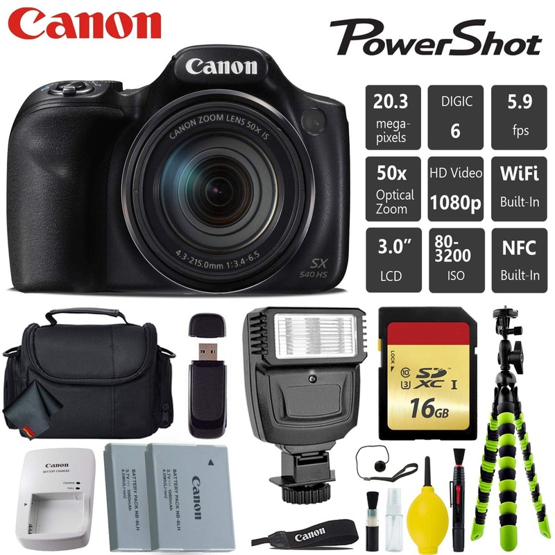 Canon PowerShot SX540 HS Digital Point and Shoot 20MP Camera + Extra Battery + Digital Flash + Camera Case + 16GB Class Card Starter Bundle
