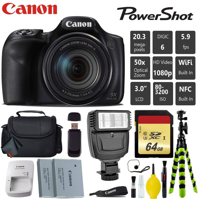 Canon PowerShot SX540 HS Digital Point and Shoot 20MP Camera + Extra Battery + Digital Flash + Camera Case + 64GB Class