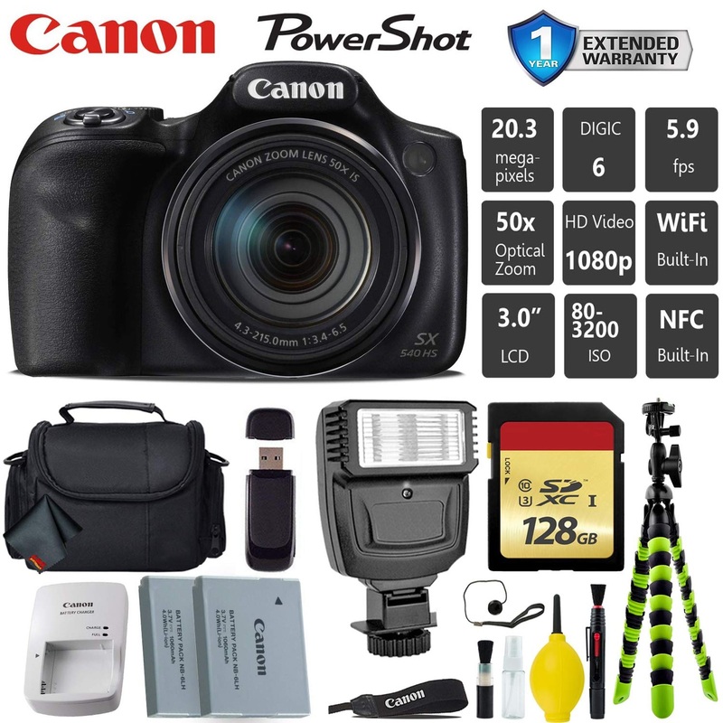 Canon PowerShot SX540 HS Digital Point and Shoot Camera + Extra Battery + Digital Flash + Camera Case + 128GB Class 10 Card Advanced Bundle