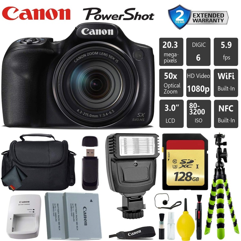 Canon PowerShot SX540 HS Digital Point and Shoot Camera + Extra Battery + Digital Flash + Camera Case + 128GB Class 10 Card Deluxe Bundle