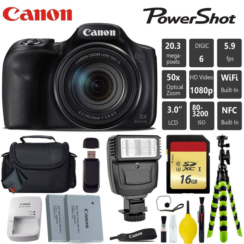 Canon PowerShot SX540 HS Digital Point and Shoot Camera + Extra Battery + Digital Flash + Camera Case + 16GB Class 10 Me
