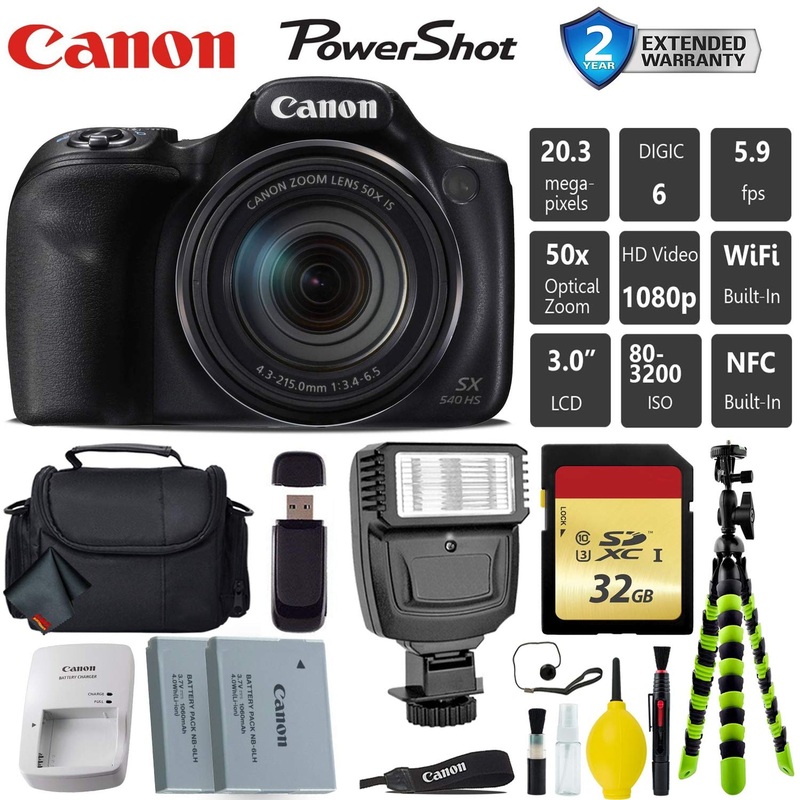 Canon PowerShot SX540 HS Digital Point and Shoot Camera + Extra Battery + Digital Flash + Camera Case + 32GB Class 10 Card Bundle