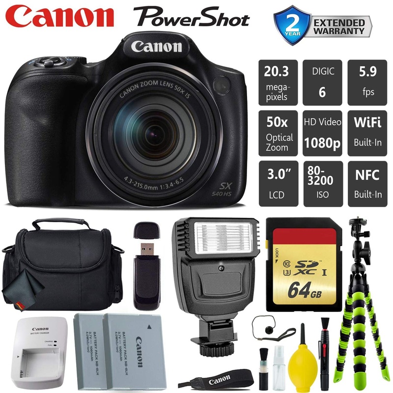 Canon PowerShot SX540 HS Digital Point and Shoot Camera + Extra Battery + Digital Flash + Camera Case + 64GB Class 10 Card Professional Bundle