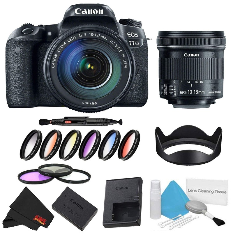 Canon EOS 77D DSLR Camera with 18-135mm Lens Bundle w/ 9 Piece Filter Kit + Bonus 10-18mm Lens (International Model)