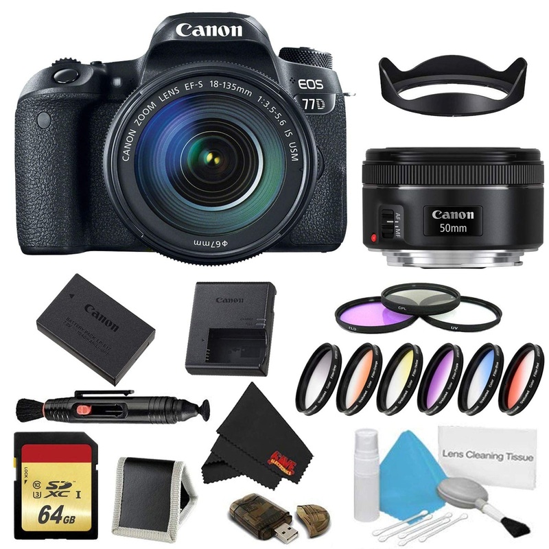 Canon EOS 77D DSLR Camera with 18-135mm Lens Bundle w/ 9 Piece Filter & Memory Kit + Bonus 50mm Lens (International Mode