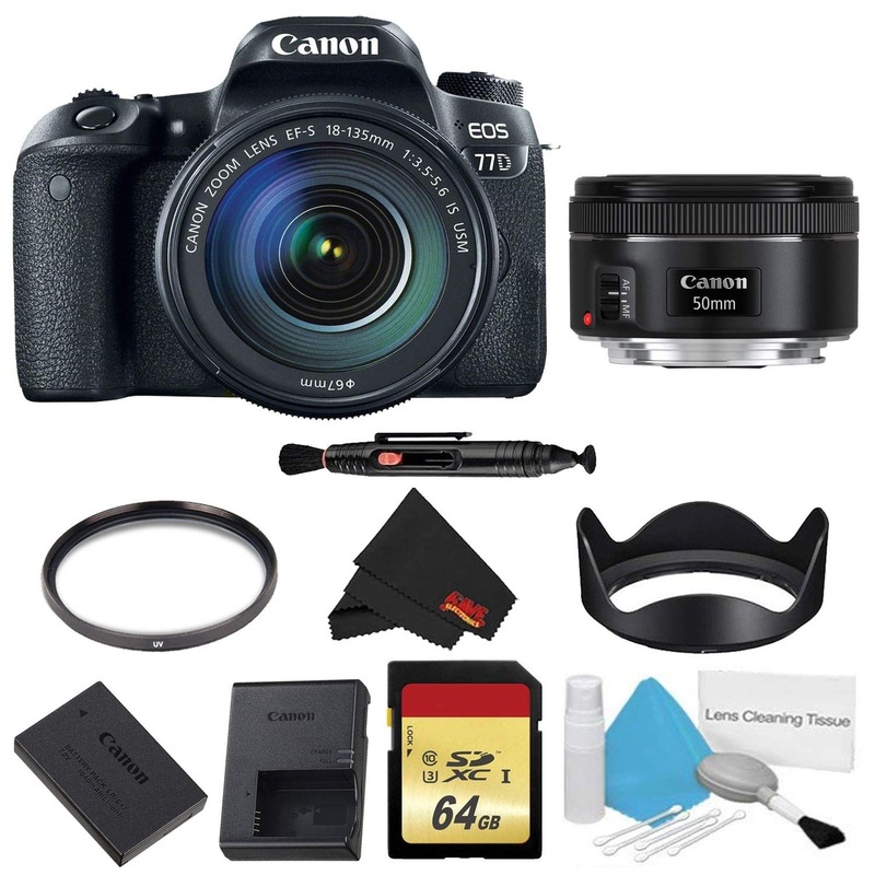 Canon EOS 77D DSLR Camera with 18-135mm Lens Bundle w/Memory Kit + Bonus 50mm Lens (International Model)