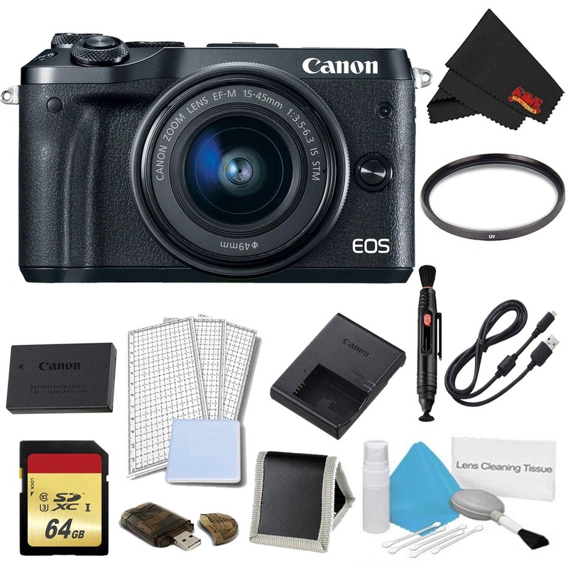 Canon EOS M6 Mirrorless Digital Camera with 15-45mm Lens (Black) Plus Bundle - International Model