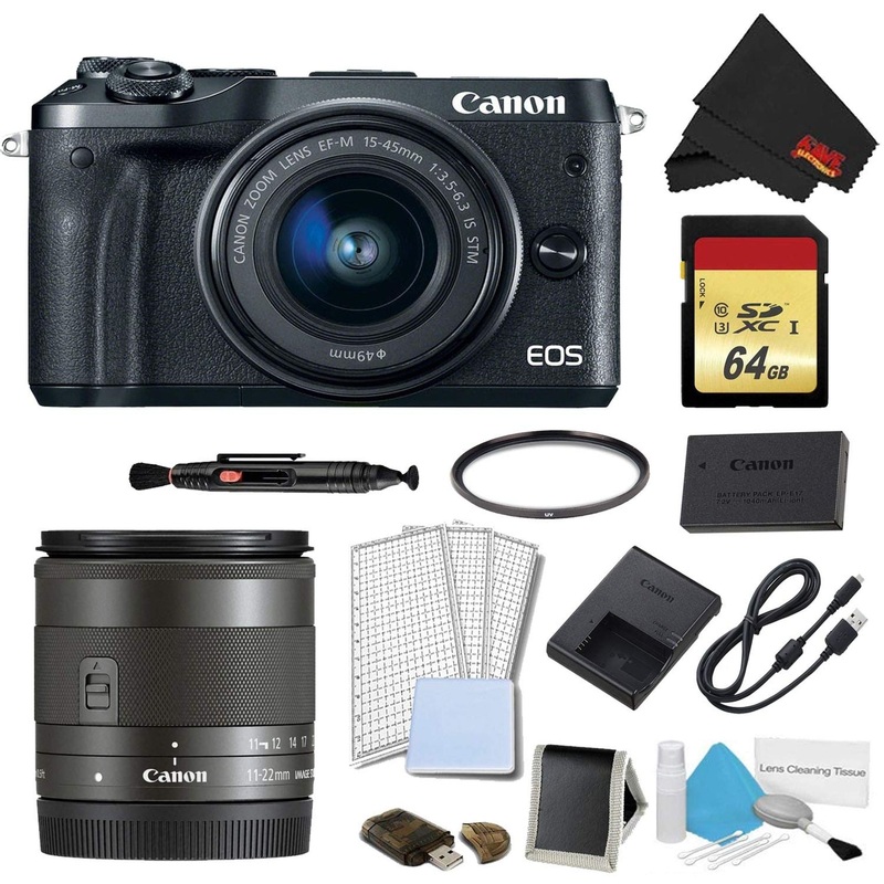 Canon EOS M6 Mirrorless Digital Camera with 15-45mm Lens (Black) Plus Bundle w/Bonus EF-M 11-22MM Lens - International M
