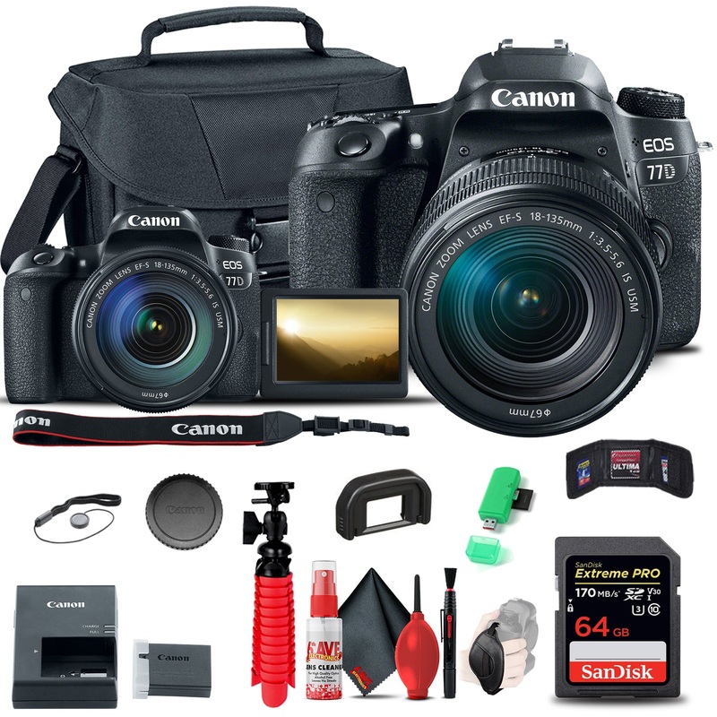 Canon EOS 77D DSLR Camera with 18-135mm USM Lens (1892C002) + 64GB Card + More