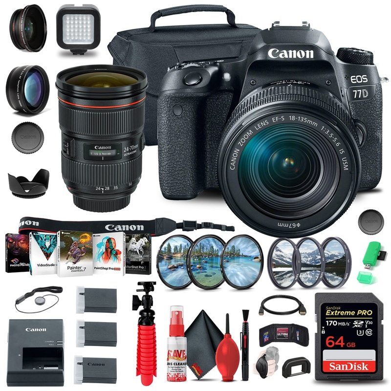 Canon EOS 77D DSLR Camera with 18-135mm USM Lens (1892C002) + EF 24-70mm + More