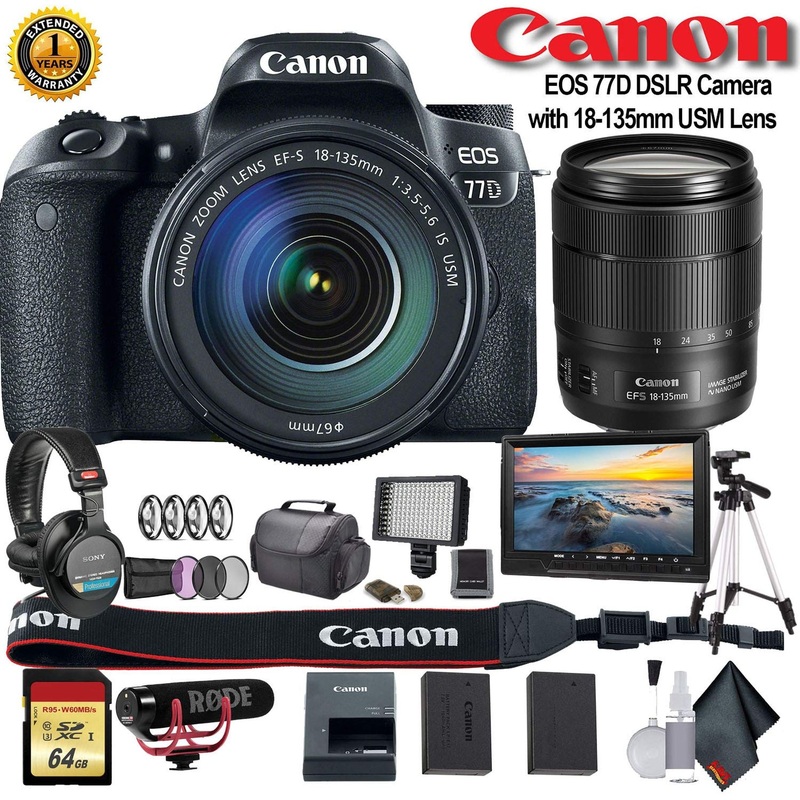 Canon EOS 77D DSLR Camera with 18-135mm USM Lens (International Model) (1892C002) W/Bag, Extra Battery, LED Light, Mic,