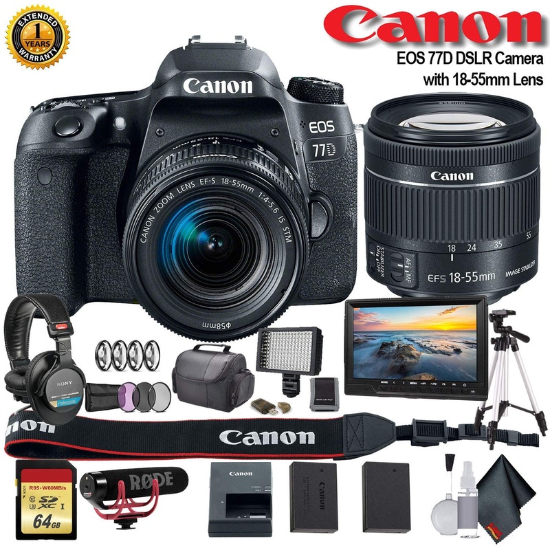 Canon EOS 77D DSLR Camera with 18-55mm Lens (International Model) (1892C016) W/Bag, Extra Battery, LED Light, Mic, Filte
