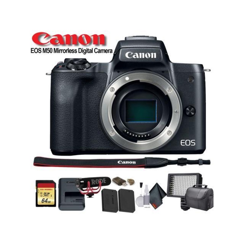 Canon EOS M50 Mirrorless Digital Camera (International Model) (2680C001) W/Bag, Extra Battery, LED Light, Mic, Filters a