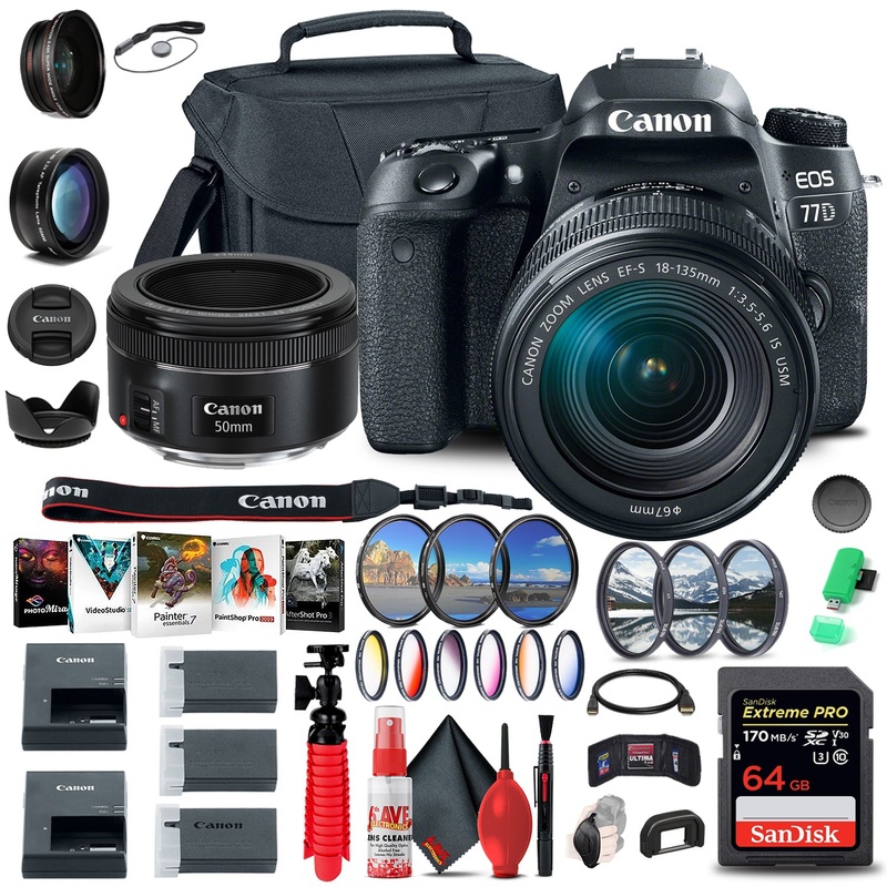 Canon EOS 77D DSLR Camera with 18-135mm USM Lens (1892C002) + Canon EF 50mm Lens