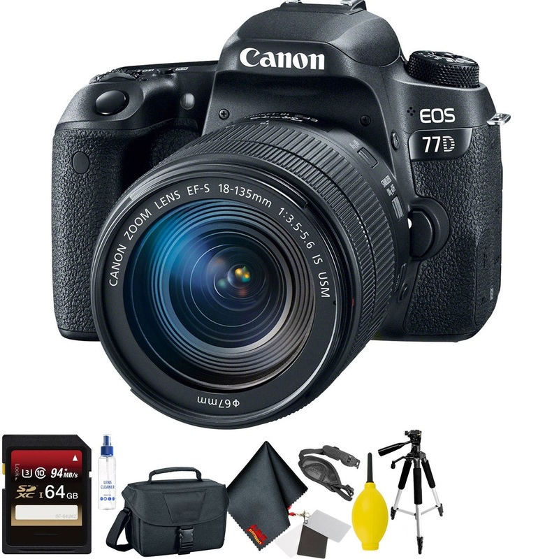 Canon EOS 77D DSLR Camera with 18-135mm USM Lens + 64GB Memory Card + Mega Accessory Kit + 2 Year Accidental Warranty