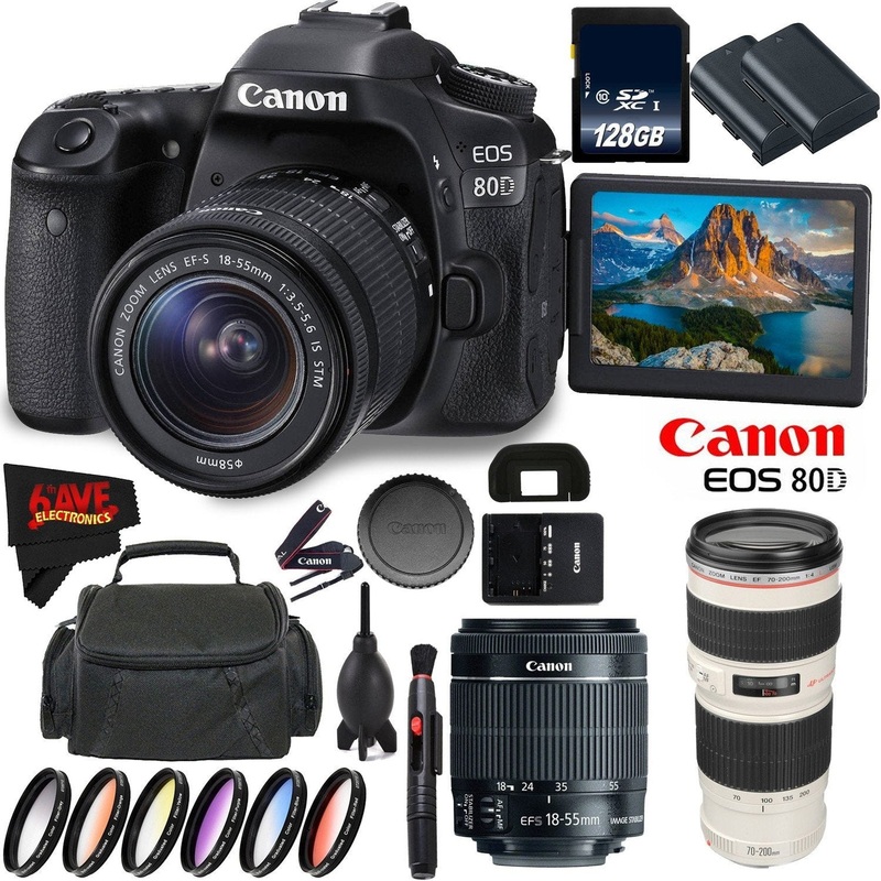 Canon EOS 80D DSLR Camera + 18-55mm Lens + Canon EF 70-200mm f/4L USM Lens + 128GB Memory Card International Version