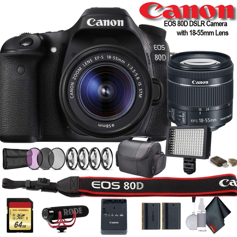 Canon EOS 80D DSLR Camera with 18-55mm Lens (International Model) (1263C005) W/Bag, Extra Battery, LED Light, Mic, Filte