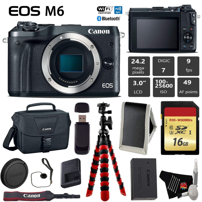 Canon EOS M6 Mirrorless Digital Camera (Black, Body Only) + 16GB Class 10 Memory Card + Canon Camera Case + Flexible Tri