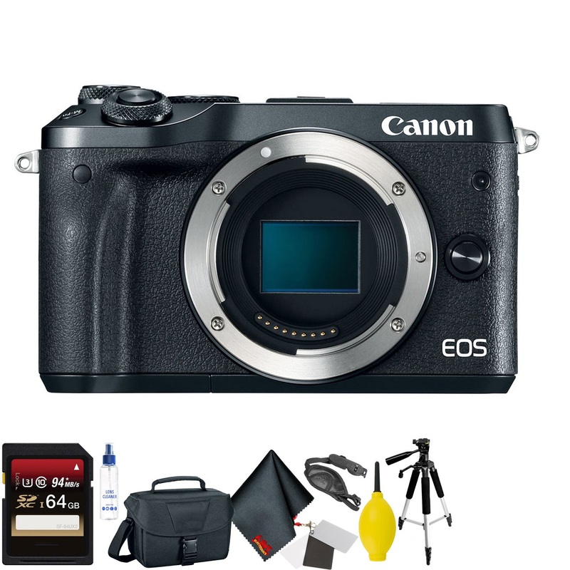 Canon EOS M6 Mirrorless Digital Camera (Body Only, Black) + 64GB Memory Card + Mega Accessory Kit + 2 Year Accidental Wa