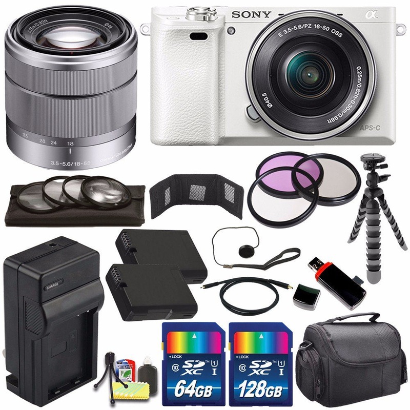 Sony Alpha a6000 Mirrorless Digital Camera with 16-50mm Lens (White) + Sony SEL 1855 18-55mm Zoom Lens + 196GB Bundle 18