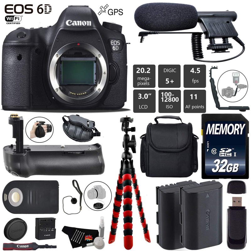 Canon EOS 6D DSLR Camera (Body Only) + Professional Battery Grip + Condenser Microphone + Extra Battery + Case + Wrist S