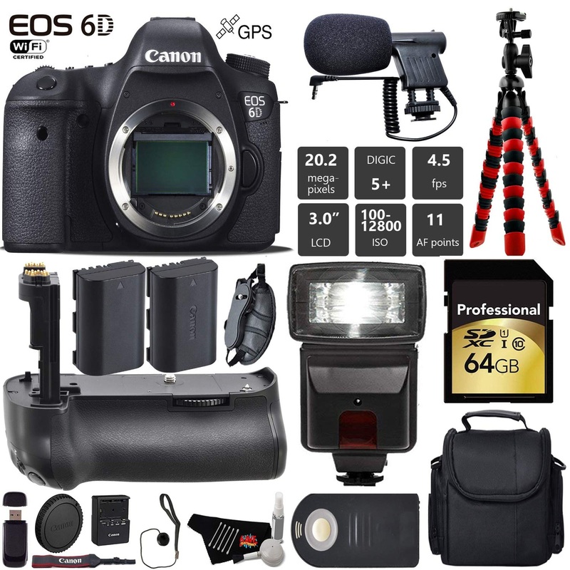 Canon EOS 6D DSLR Camera (Body Only) + Professional Battery Grip + Condenser Microphone + Flash + Extra Battery + Case +