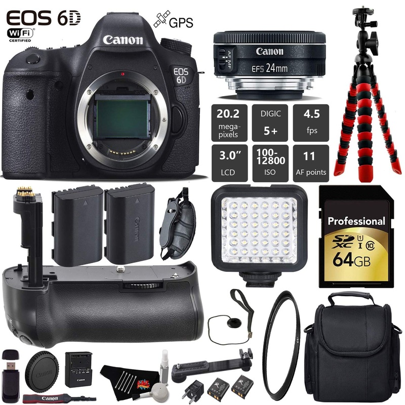 Canon EOS 6D DSLR Camera with 24mm f/2.8 STM Lens + Professional Battery Grip + UV Protection Filter + LED Kit + Extra B