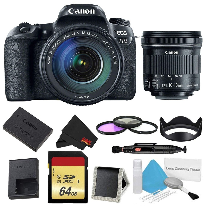 Canon EOS 77D DSLR Camera with 18-135mm Lens Bundle w/ 3 Piece Filter & Memory Kit + Bonus 10-18mm Lens (International M