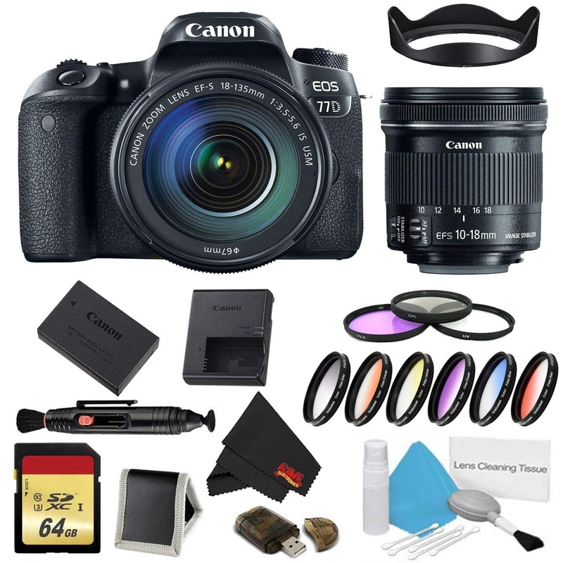 Canon EOS 77D DSLR Camera with 18-135mm Lens Bundle w/ 9 Piece Filter& Memory Kit + Bonus 10-18mm Lens (International Mo