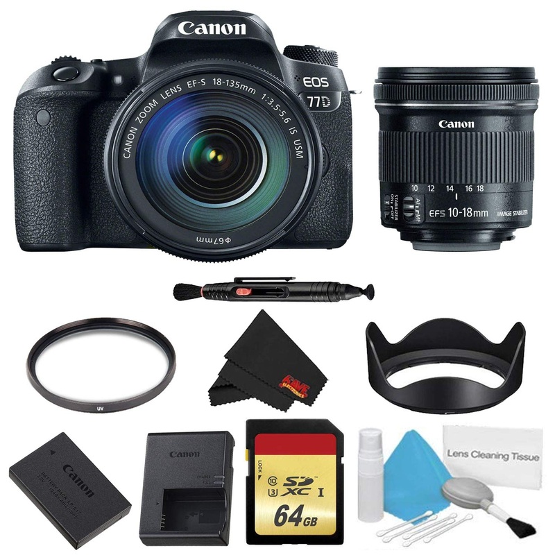 Canon EOS 77D DSLR Camera with 18-135mm Lens Bundle w/Memory Kit + Bonus 10-18mm Lens (International Model)